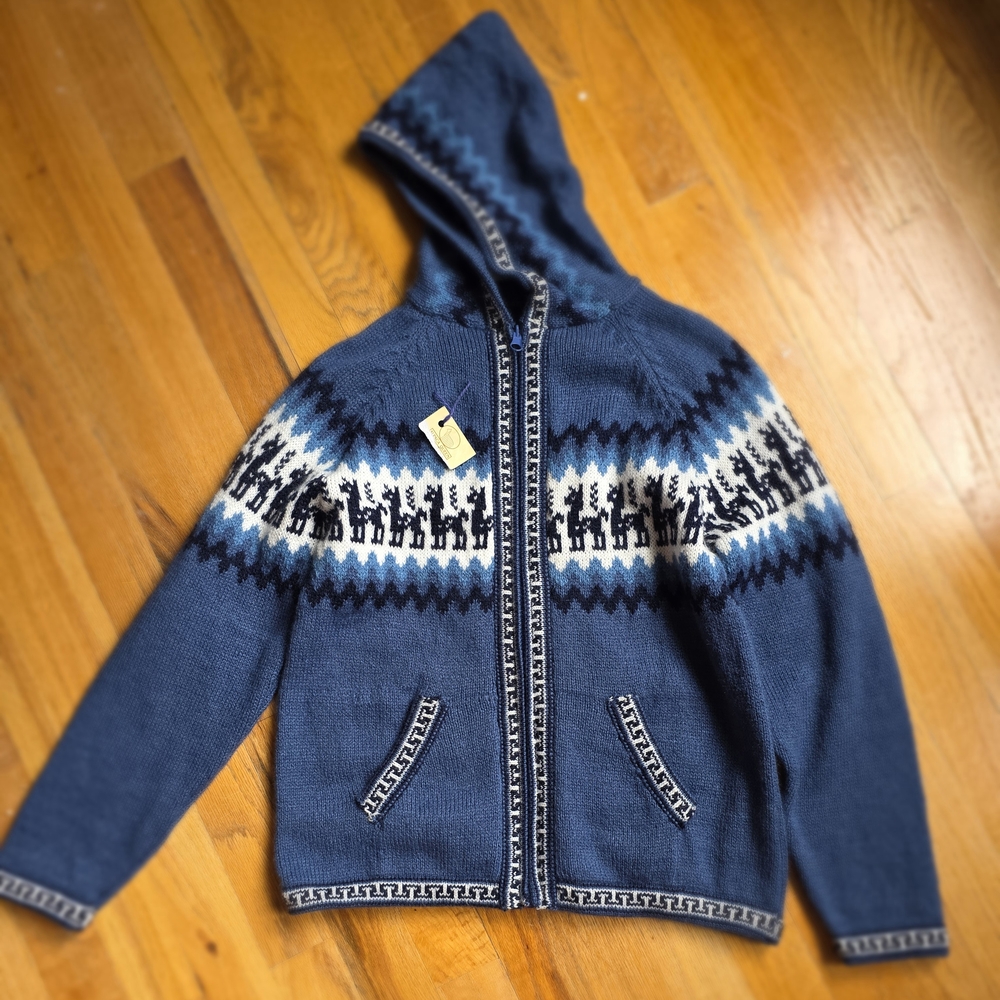 Blue Alpaca Hooded Zip Kids Sweater (boy or girl, 8-10 yo)